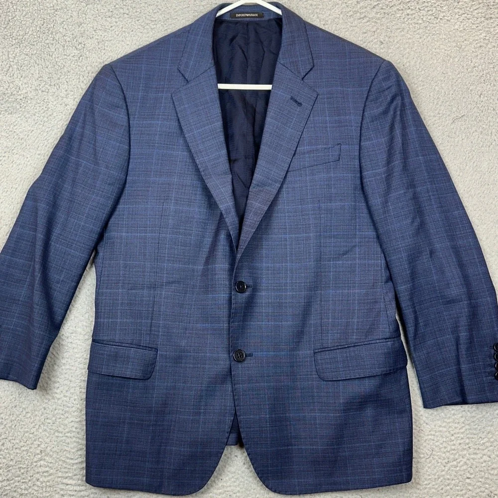 Emporio Armani G Line Virgin Wool Blazer Mens 42 Navy Blue Glen Plaid Sport Coat